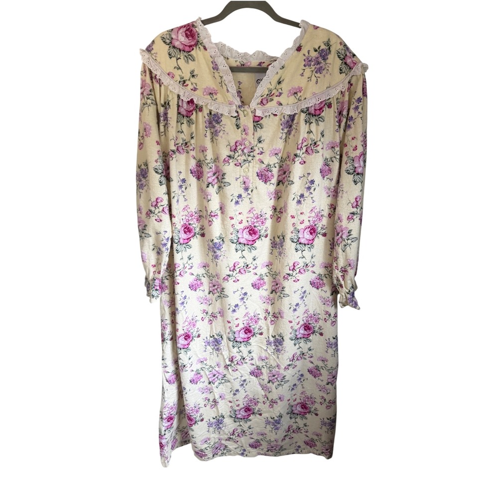 Cozee Corner Women XL Cotton Flannel Nightgown Floral Pink Purple Lace Trim L/S
